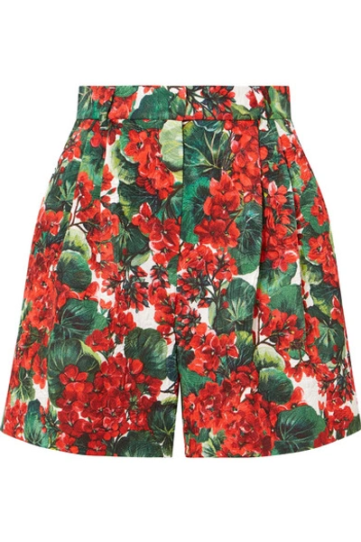 Dolce & Gabbana Pleated Floral-print Cotton-blend Poplin Shorts In Red