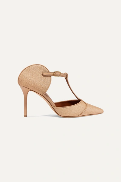 Malone Souliers Imogen 85 Leather-trimmed Raffia Pumps In Beige