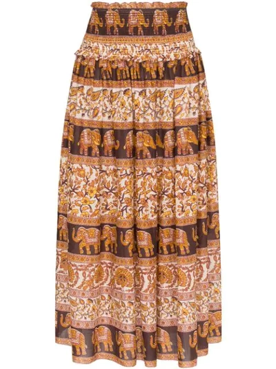 Zimmermann Suraya Smocked Elephant Print Skirt In Brown