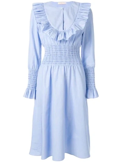 Tory Burch Ruffle Bib Midi Dress In Blue