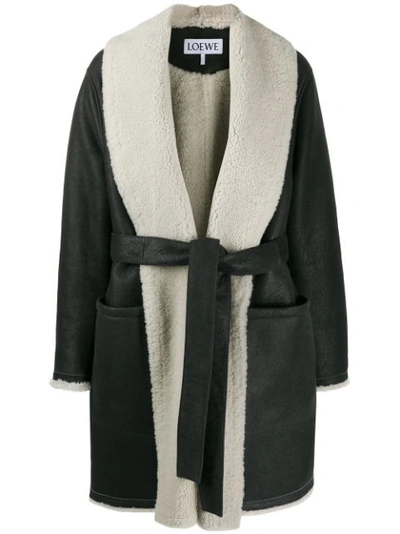 Loewe Shearling Lining Belted Coat In 1100 Black