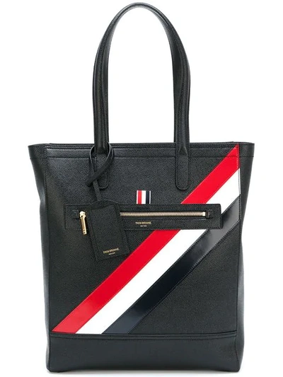 Thom Browne Pebbled Leather Tote Bag W/ Stripes In Black