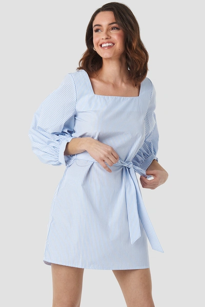 Na-kd Puff Sleeve Square Neck Tie Dress - Blue In White/blue