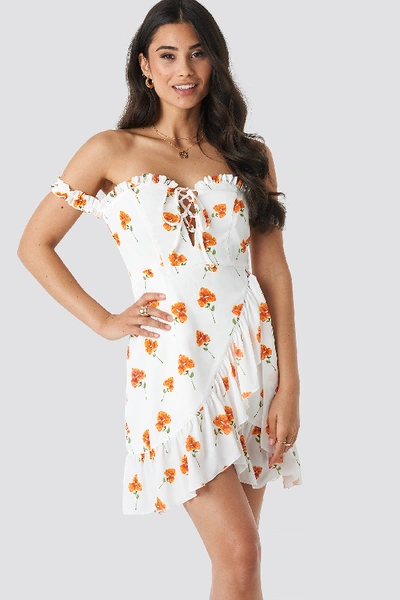 Adorable Caro X Na-kd Off Shoulder Frill Dress - White In Orange Flower