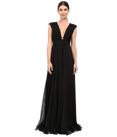 Halston Heritage - Cap Sleeve Deep V-neck Gown With Pleated Skirt (black)  Women's Dress | ModeSens