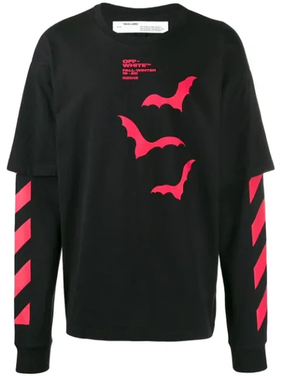 Off-white Men's Double-sleeve Stripe & Bat Logo Shirt In Black