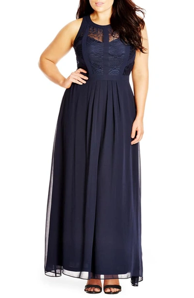 City Chic Paneled Lace Bodice Gown In French Navy