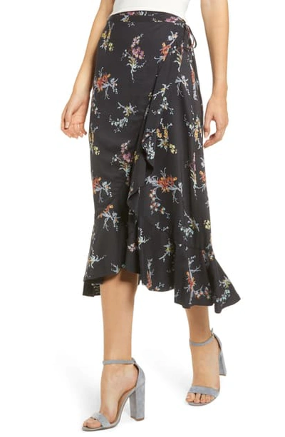 Paige Alamar Orchid Print Midi Wrap Skirt In Black