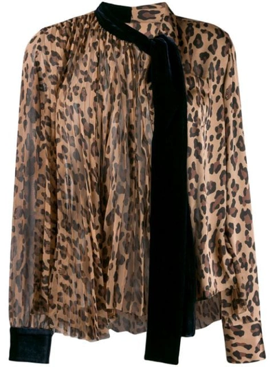 Sacai Leopard Satin/chiffon Blouse In Beige In Brown