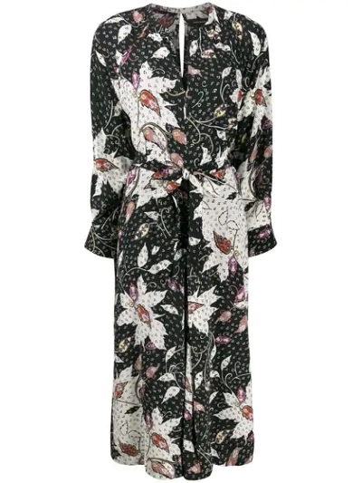 Isabel Marant Floral Print Stretch Silk Long Sleeve Midi Dress In Black