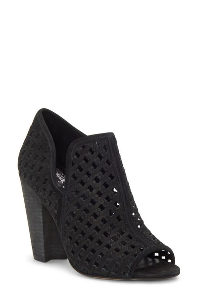 Vince Camuto Korlettan Perforated Peep Toe Bootie In Black Nubuck Leather