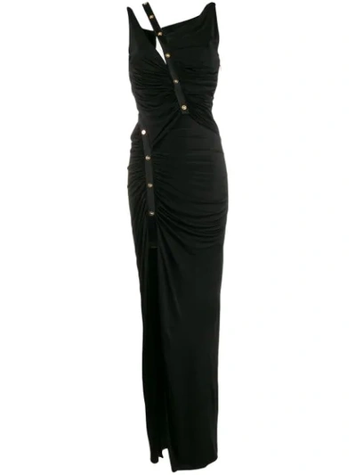 Versace Asymmetric Ruched Long Dress In Black