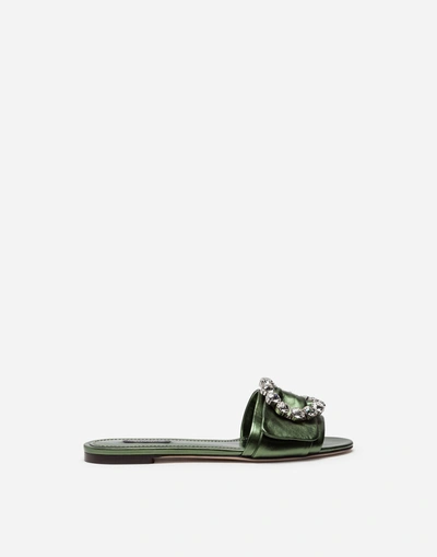 Dolce & Gabbana Mordore Nappa Sliders With Bejeweled Buckle In Green
