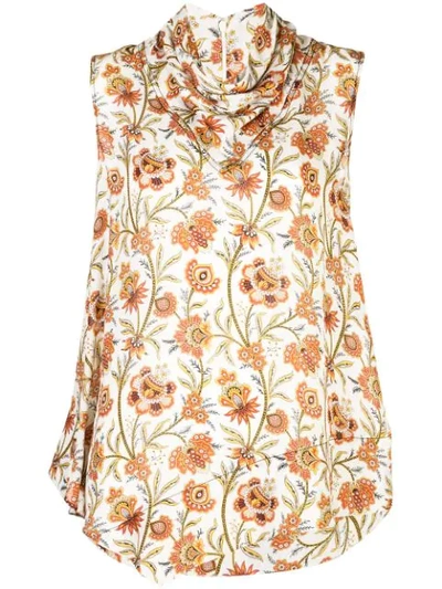 Derek Lam Sleeveless Indian Floral Print Handkerchief Blouse In Brown