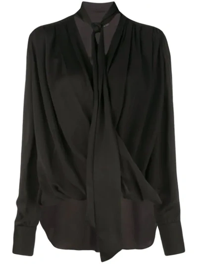 Derek Lam Oversized Draped Silk Blouse With Self Tie Neckline In Black