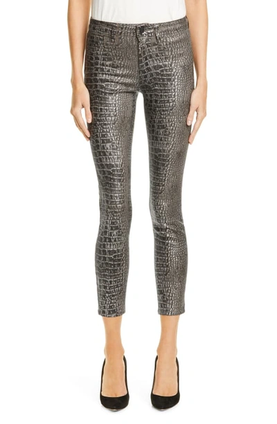 L Agence Margot Metallic Coated Crop Skinny Jeans In Chestnut/ Blk Croc Skin Foil