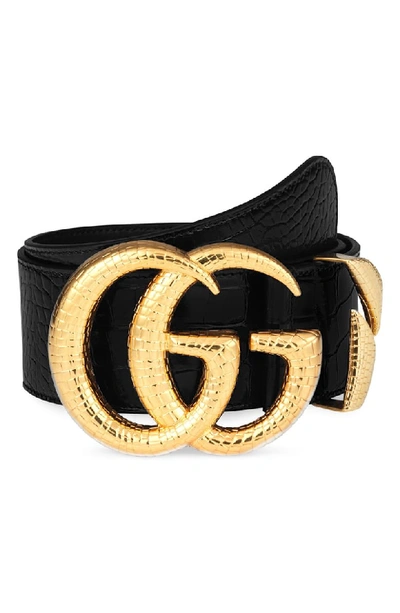 Gucci Gg Marmont Lizard Buckle Leather Belt In Nero