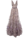 Marchesa Plunging V-neck Floral Tulle Gown In Lavender