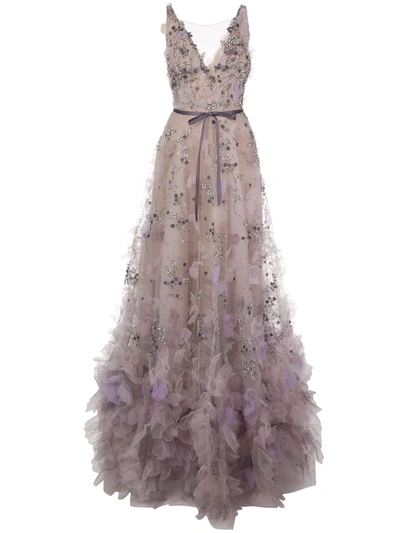 Marchesa Plunging V-neck Floral Tulle Gown In Lavender