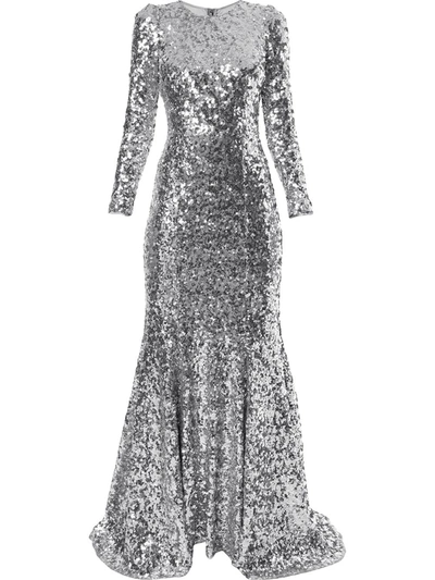 Dolce & Gabbana Women's Long-sleeve Sequin Flare Gown In Silver