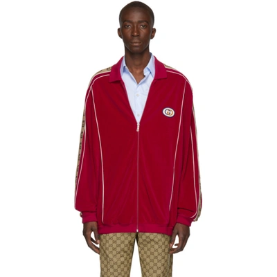 Gucci Oversized Logo-appliquéd Webbing-trimmed Piped Velvet Track Jacket In 6503 Red