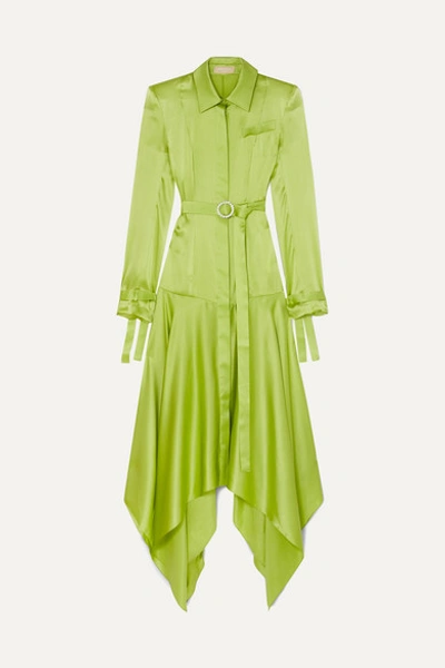 Materiel Belted Asymmetric Silk-satin Shirt Dress In Green