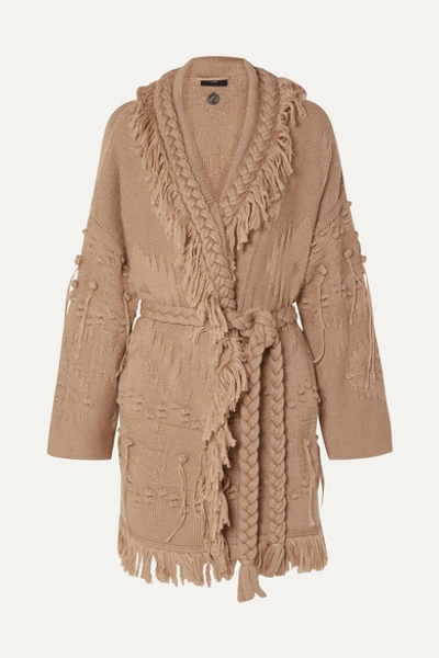 Alanui Fringed Wool, Silk And Cashmere-blend Jacquard Cardigan In Beige