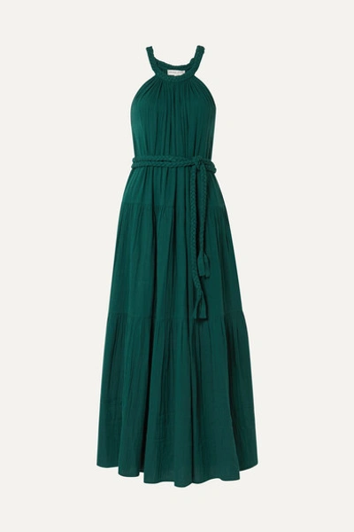 Apiece Apart Escondido Belted Crinkled Cotton-voile Maxi Dress In Emerald