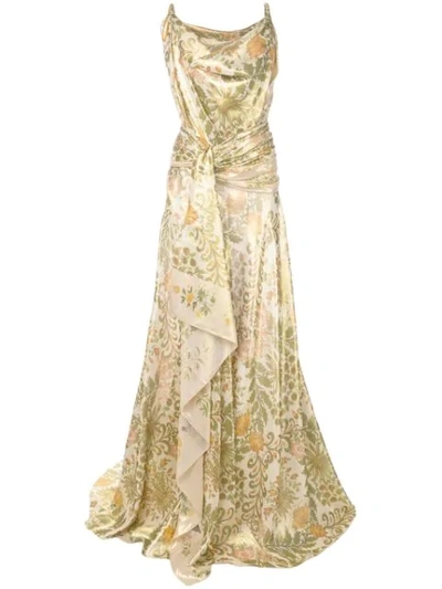 Oscar De La Renta Draped Ruched Printed Silk-blend Lamé Gown In Green