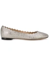 Chloé Lauren Scalloped Metallic Cracked-leather Ballet Flats In Grey Glitter