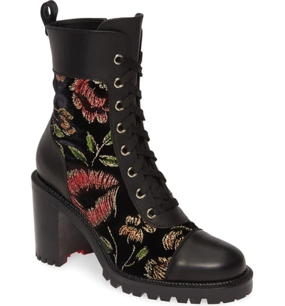 Christian Louboutin Ts Croc Floral Red Sole Hiker Booties In Black Multi