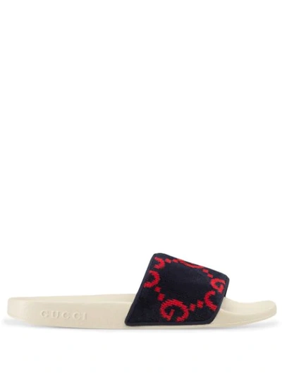 Gucci Pursuit Terry Cloth Logo Pool Slide Sandals In Blue