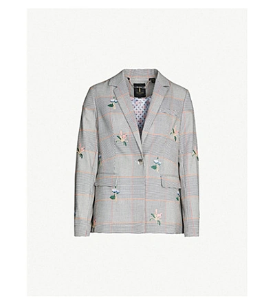 Ted Baker Darceye Houndstooth-check And Floral Woven Blazer In Lt-grey