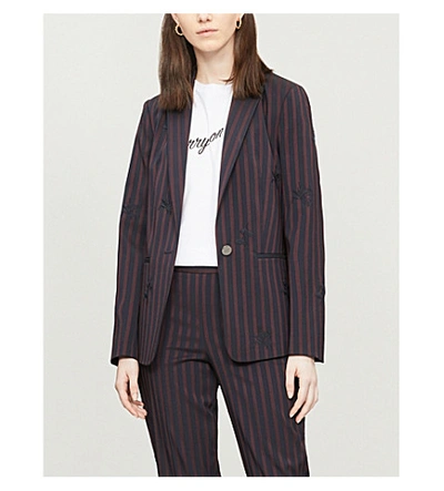 Ted Baker Floral-embroidered Striped Woven Blazer In Navy