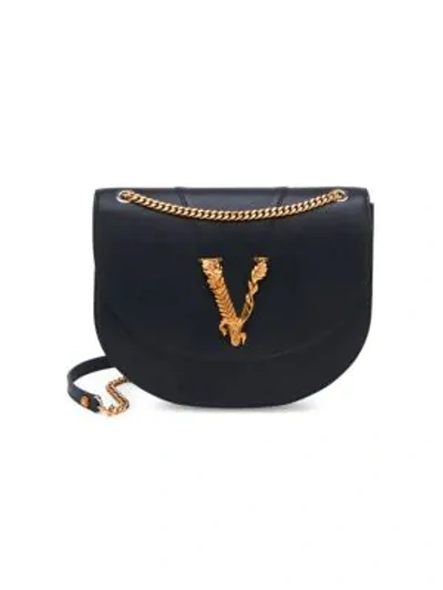 Versace Medium Virtus Leather Shoulder Bag In Black