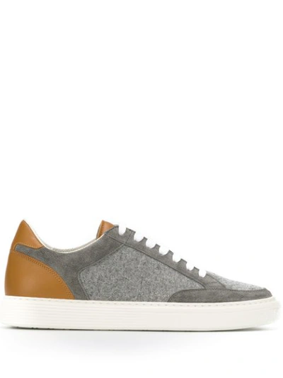 Brunello Cucinelli Mixed Media Leather & Wool Sneakers In Gray