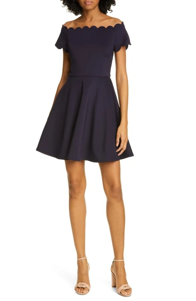 Ted Baker Bardot Scallop Off-the-shoulder Crepe Skater Dress In Dark Blue