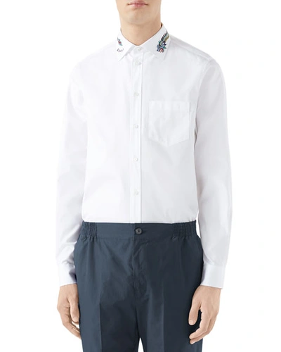 Gucci Men's Embroidered-collar Pinpoint Sport Shirt In White