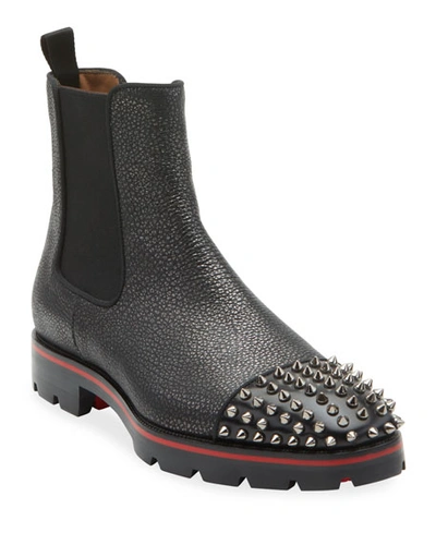 Christian Louboutin Men's Melon Spikes Pebbled Leather Chelsea Boots In Black