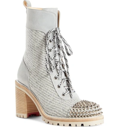 Christian Louboutin Ts Croc Wool And Leather Lace-up Red Sole Booties In Powder Grey