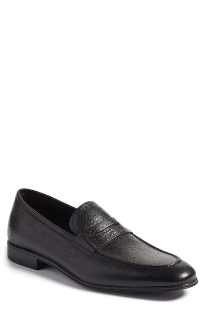 Ferragamo Men's Textured Calfskin Penny Loafer, Black In Nero Leather