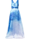 Marchesa Notte Watercolor Printed Organza Gown With Draped Bodice In Blue