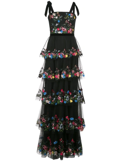 Marchesa Notte Floral Embroidered Tiered Tulle Gown In Black