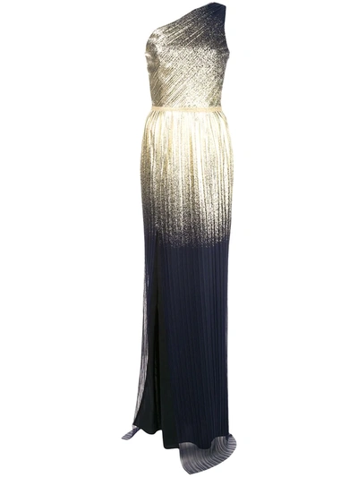 Marchesa Notte One Shoulder Pleated Gown In Blue