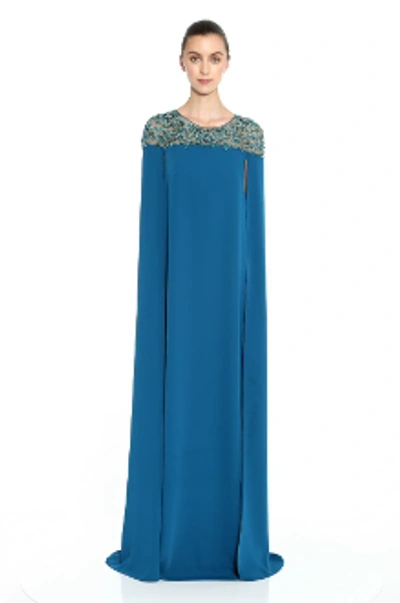 Marchesa Notte Resort 2020  Crepe Cape Caftan Gown In Peacock