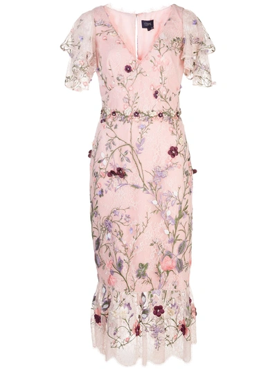 Marchesa Notte Floral Embroidered Lace Midi Dress In Pink