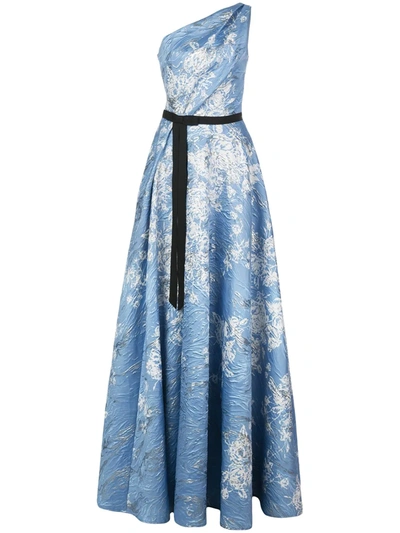 Marchesa Notte One Shoulder Printed Metallic Jacquard Gown In Blue