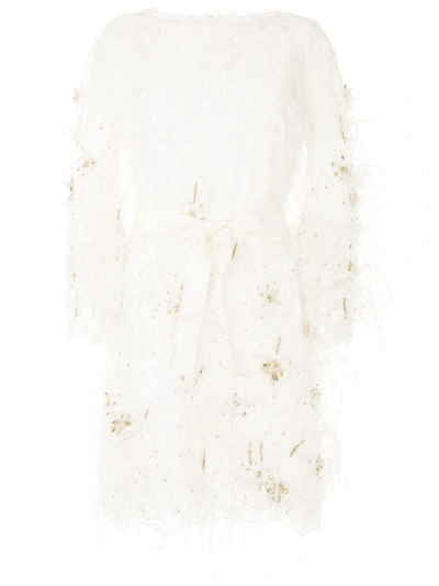 Marchesa Feather Embellished Long Sleeve Lace Dress In Ivory