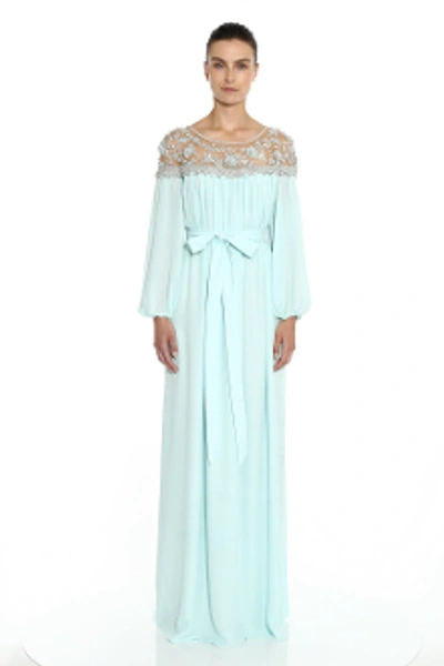 Marchesa Couture Long Sleeve Georgette Caftan Gown M28703 In Mint