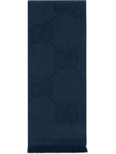 Gucci Wool Scarf With Gg Pattern In Blue
